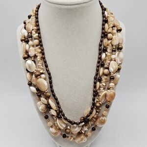 Coldwater Creek Mother of Pearl and Wood Beaded Multi Strand Necklace Signed